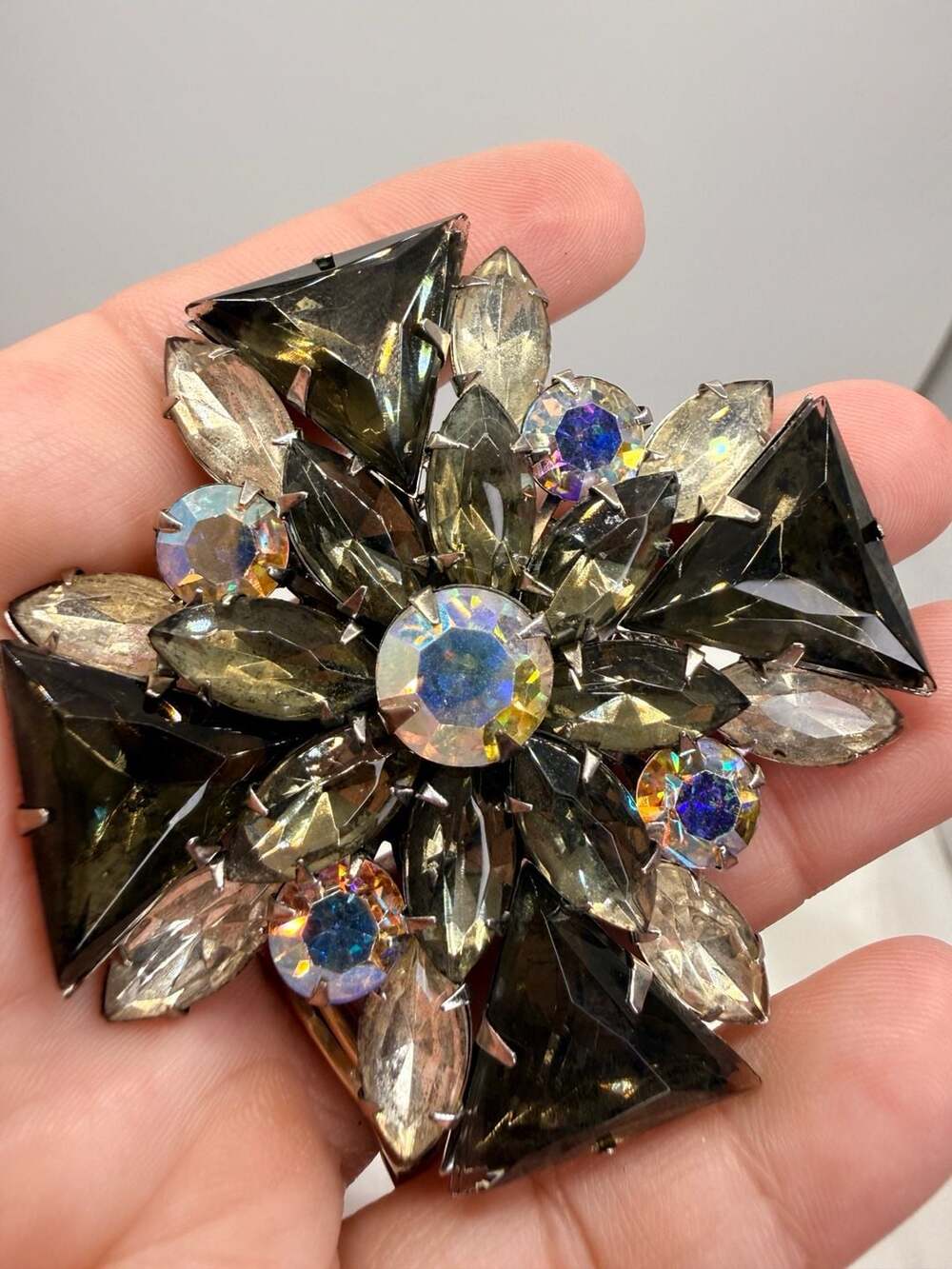 Vintage Smokey Crystal Flower Brooch Aurora Borealis